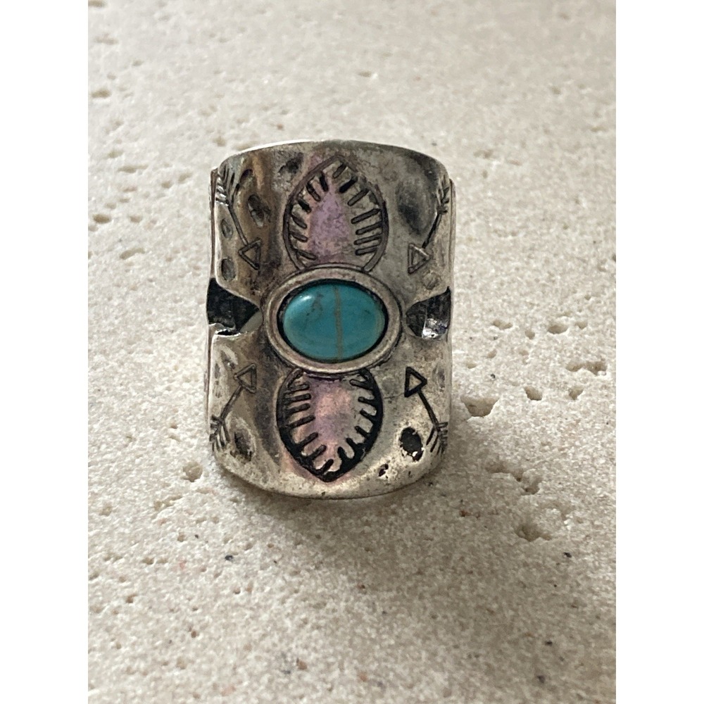 Wide Southwestern Boho Stretch Ring Size 6 Faux‎ Turquoise Cabochon Silver Tone